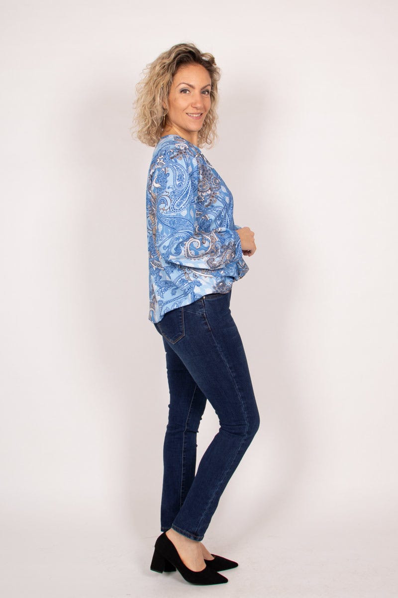 Überkreuzte Bluse mit Paisley-Muster Blau