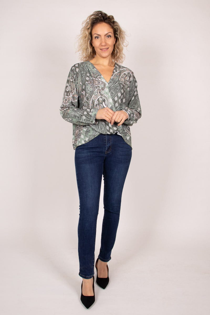 Überkreuzte Bluse mit Paisley-Muster Grün