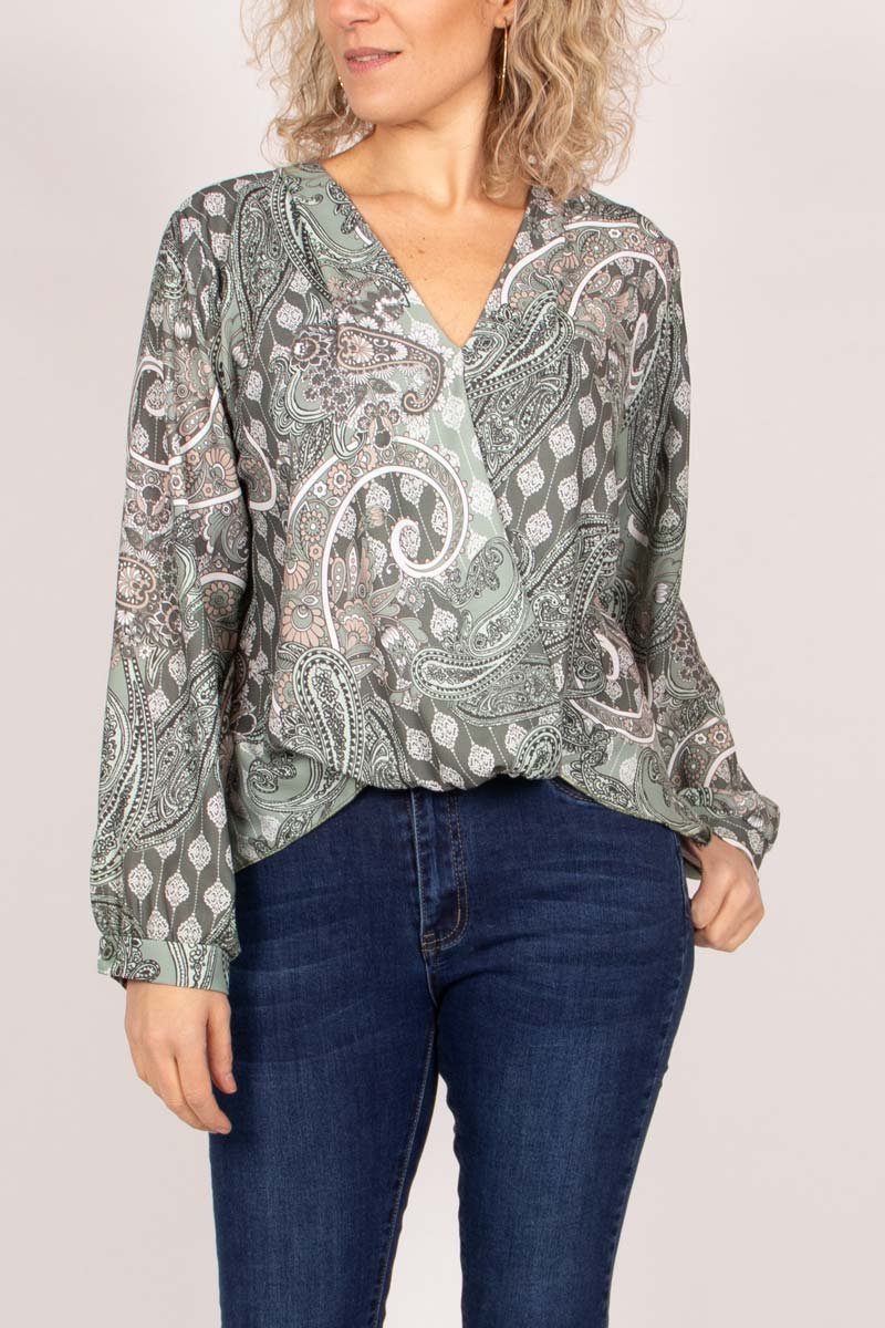 Überkreuzte Bluse mit Paisley-Muster Grün