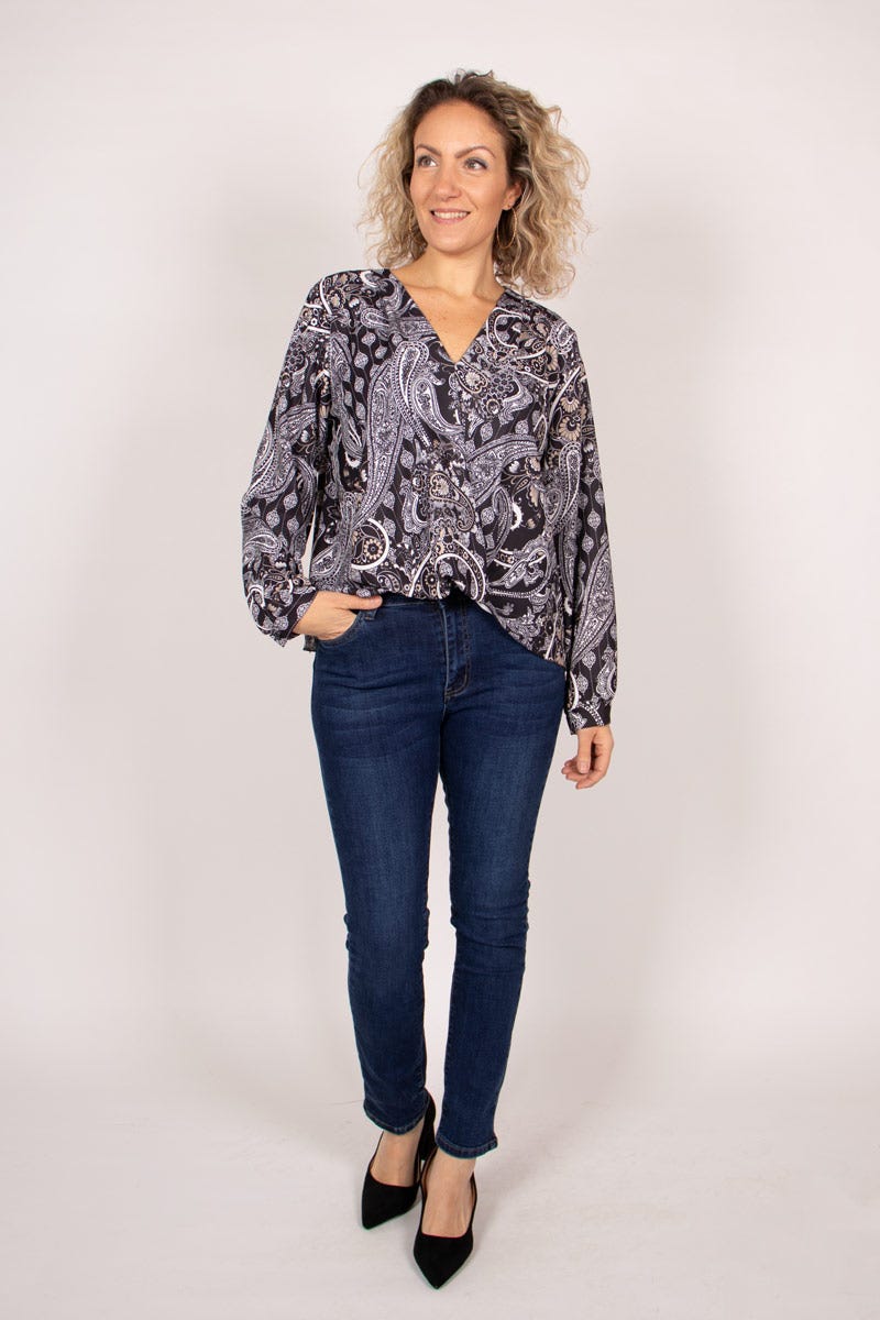 Überkreuzte Bluse mit Paisley-Muster Schwarz