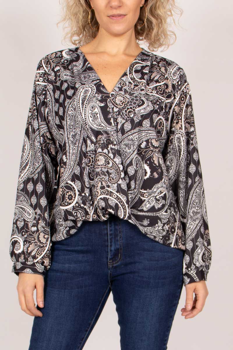 Überkreuzte Bluse mit Paisley-Muster Schwarz