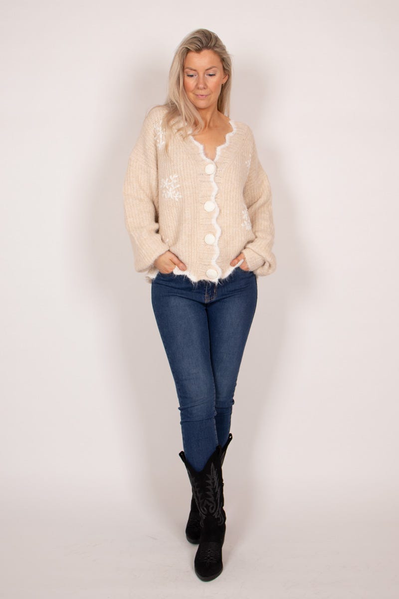 Strik cardigan m. hvide blomster Beige