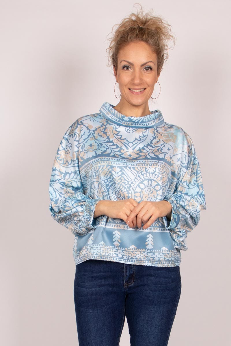 Gemusterte Bluse mit Fledermausärmeln Blau