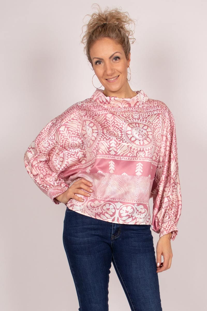 Gemusterte Bluse mit Fledermausärmeln Rosa