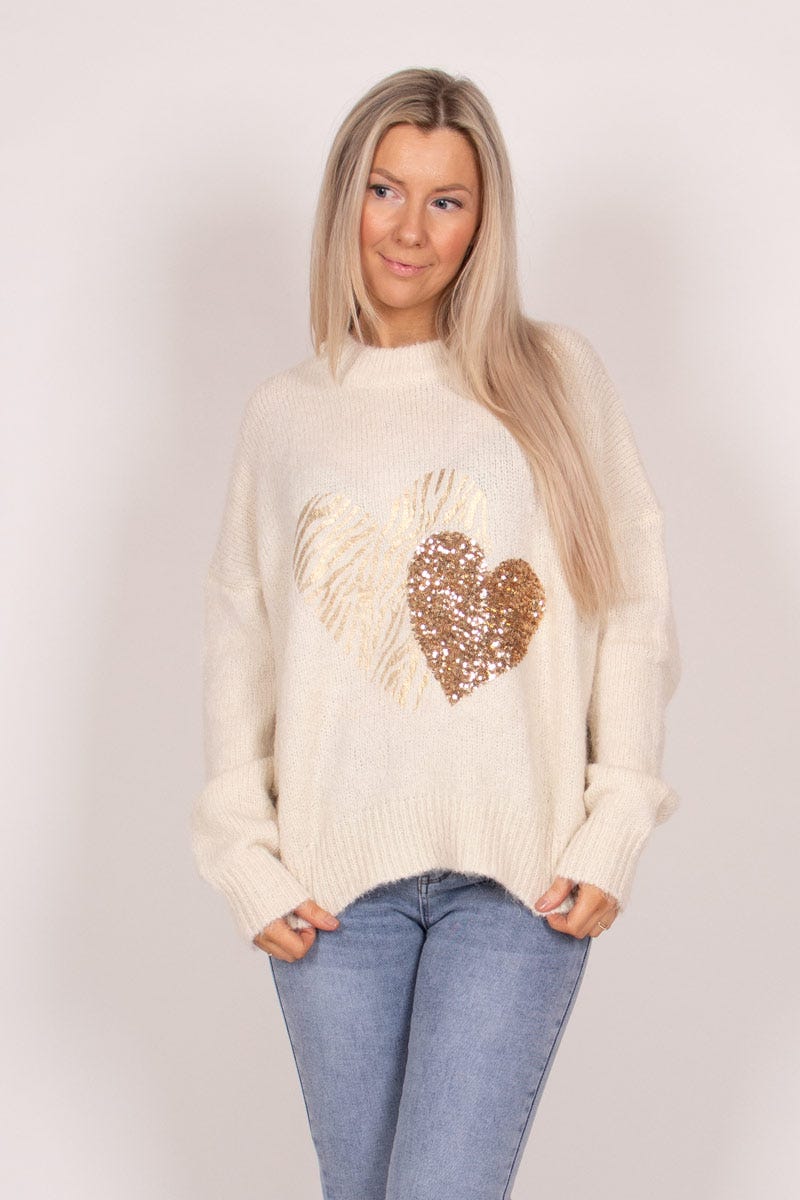 Strickpullover mit Herzen und Pailletten Beige