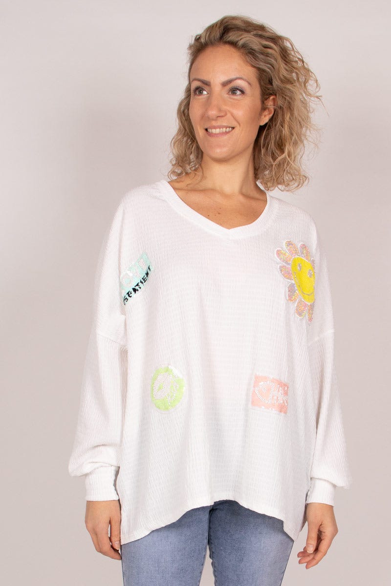 Bluse mit Pailletten-Patches Weiß