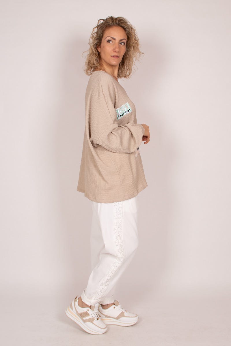 Bluse mit Pailletten Taupe