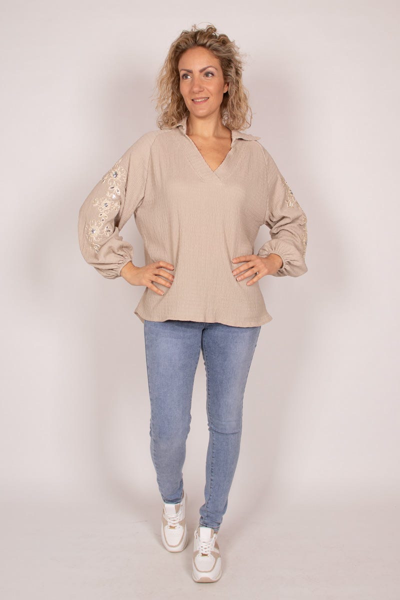 Bluse mit Stickerei und Pailletten Taupe