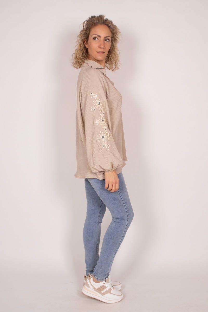 Bluse mit Stickerei und Pailletten Taupe