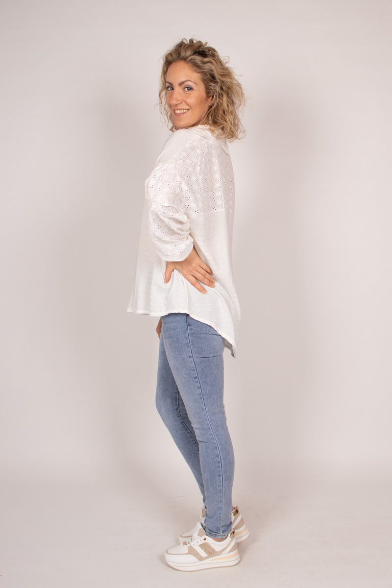 Gestreifte Bluse mit Stickerei Cremefarbig