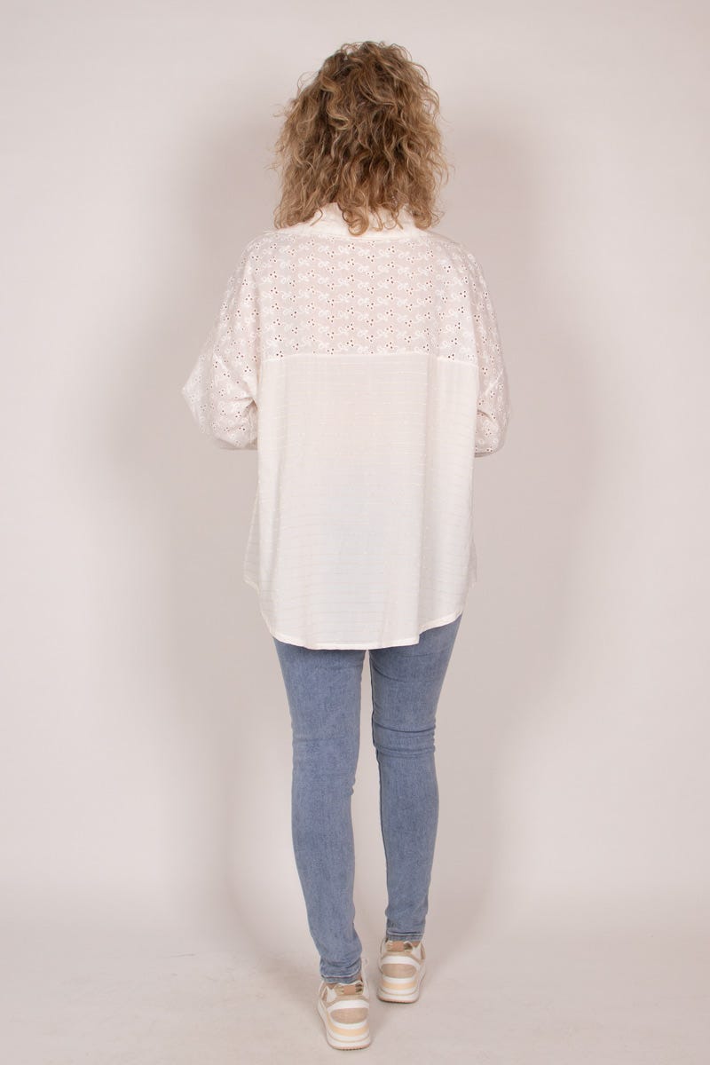 Gestreifte Bluse mit Stickerei Cremefarbig