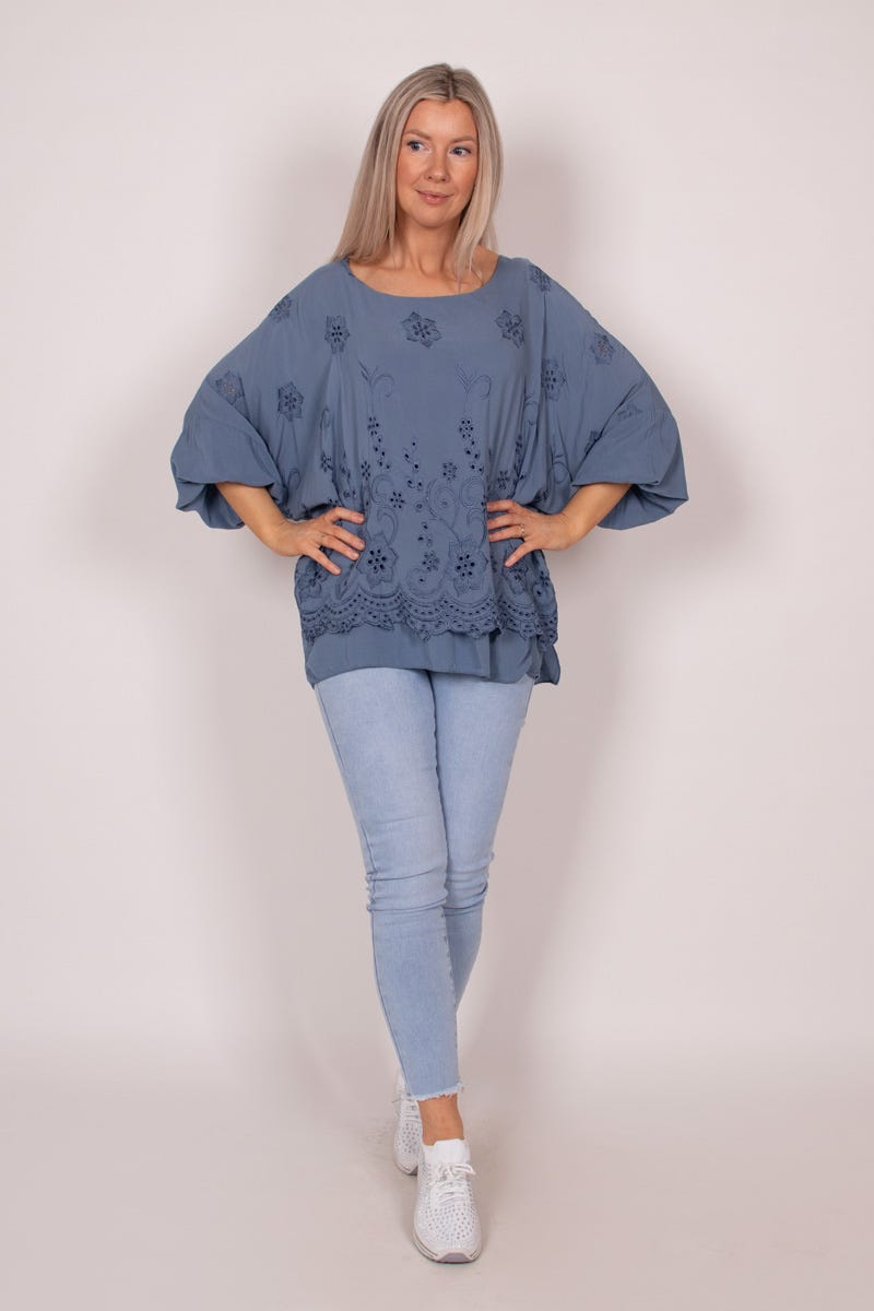 Bluse mit Stickerei Blau Anglaise