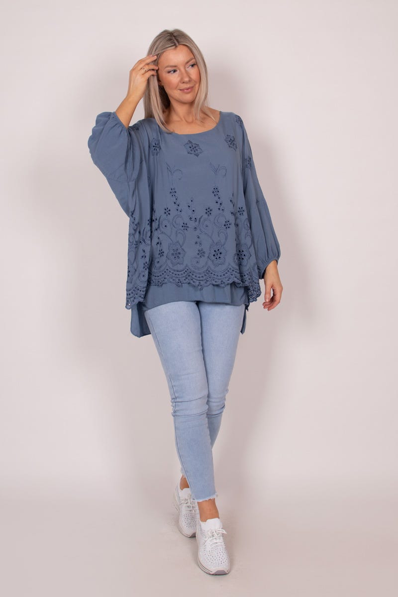 Bluse mit Stickerei Blau Anglaise