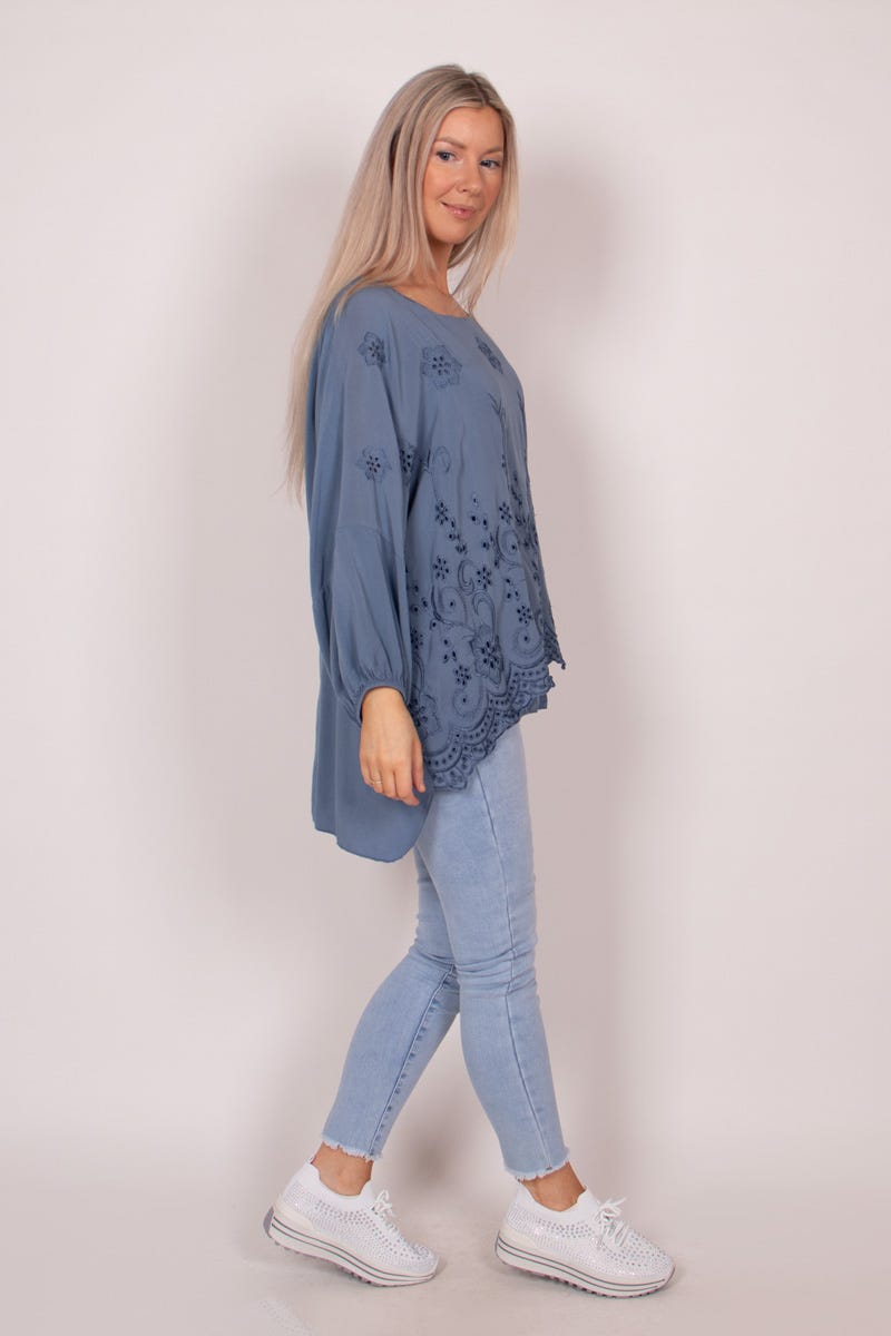 Bluse mit Stickerei Blau Anglaise