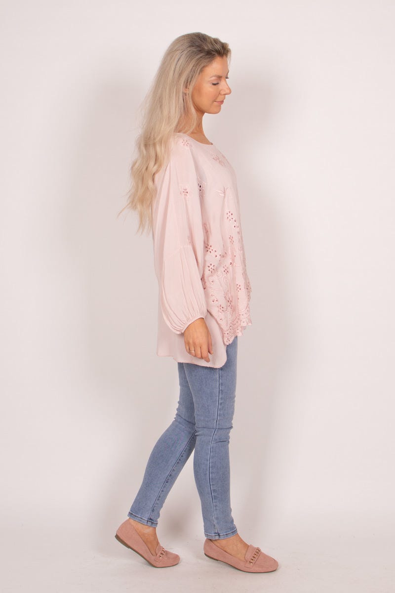 Bluse m. broderi anglaise Rosa