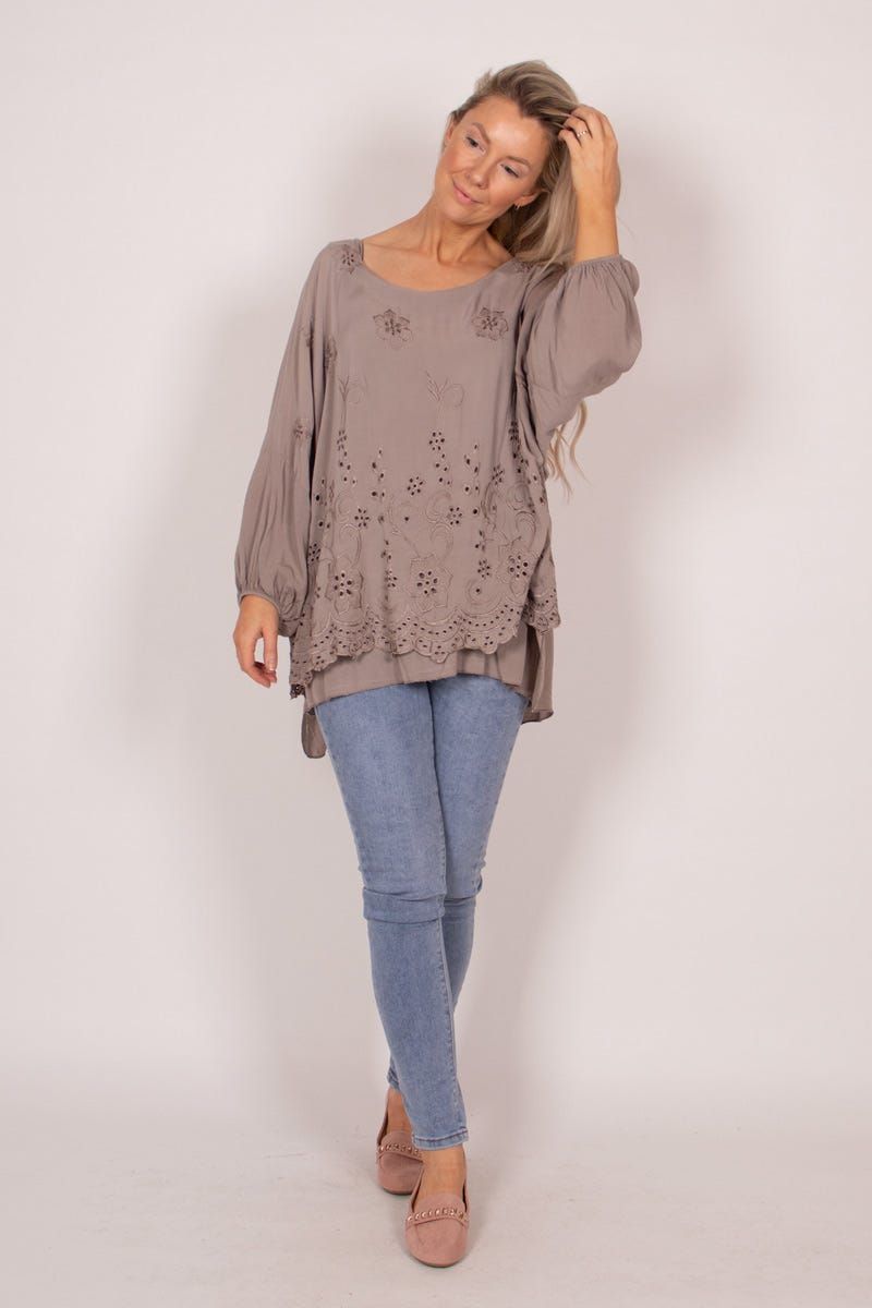 Bluse mit Stickerei Taupe Anglaise