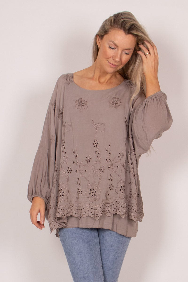 Bluse mit Stickerei Taupe Anglaise