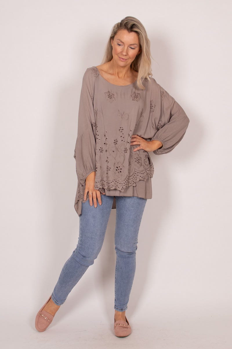 Bluse mit Stickerei Taupe Anglaise