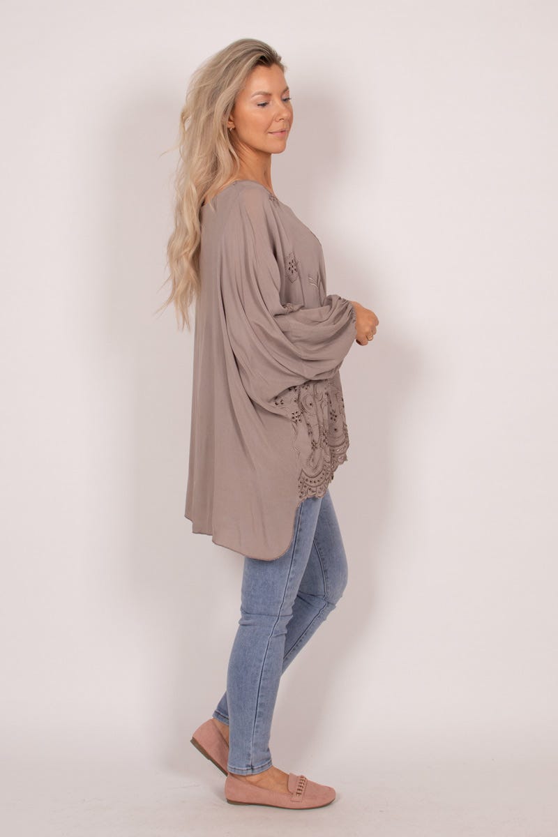 Bluse mit Stickerei Taupe Anglaise