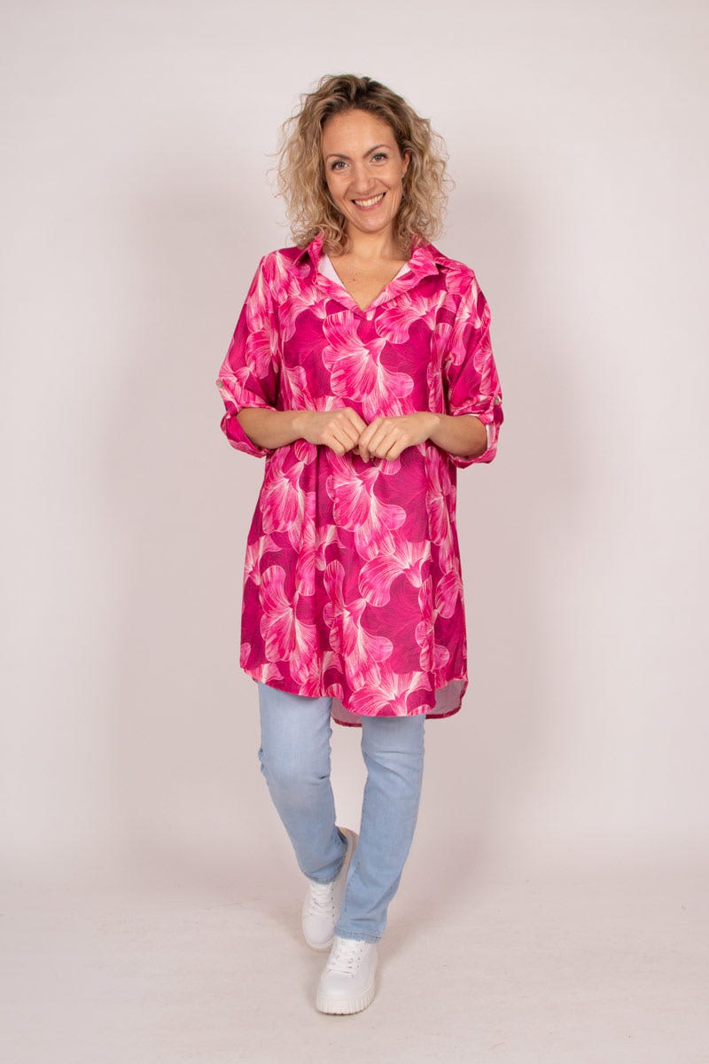 Tunika mit Kragen und Blumenmuster Pink