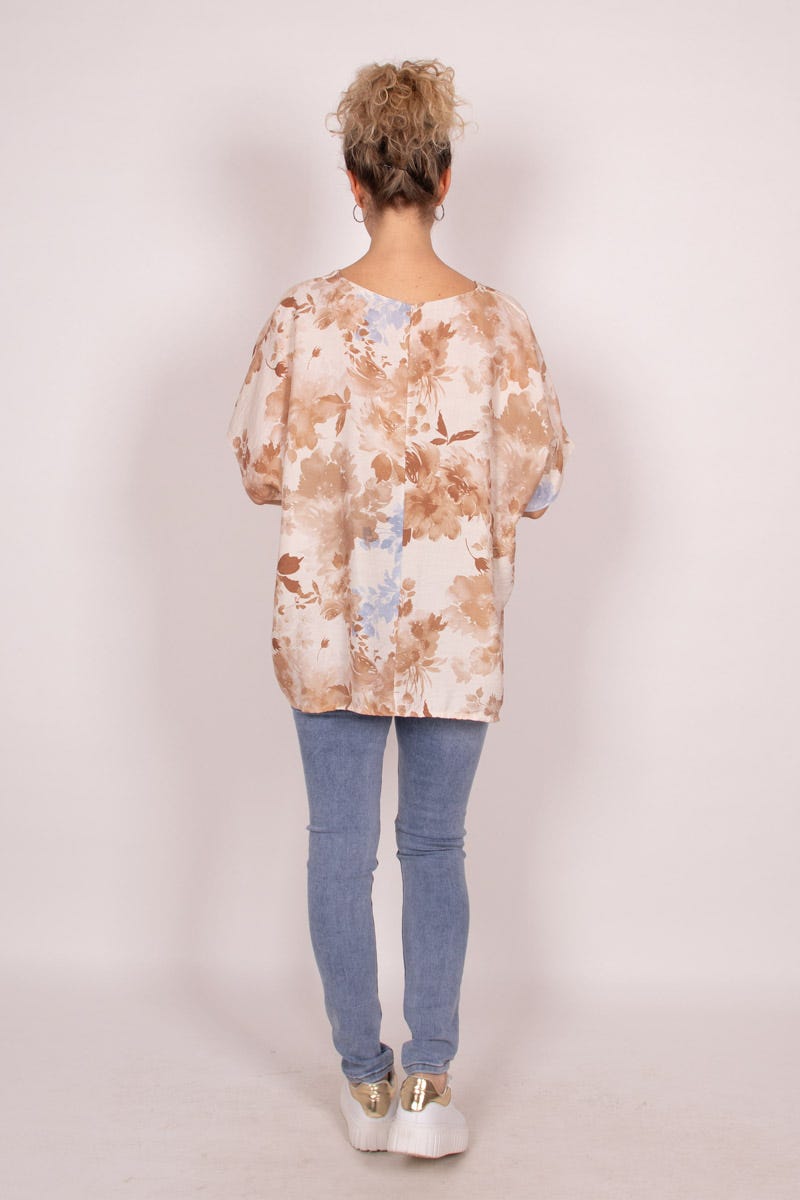 Blumige Bluse mit V-Ausschnitt Beige