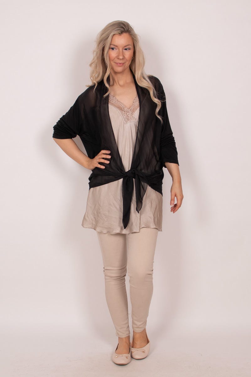 Cardigan m. chiffon detalje Sort