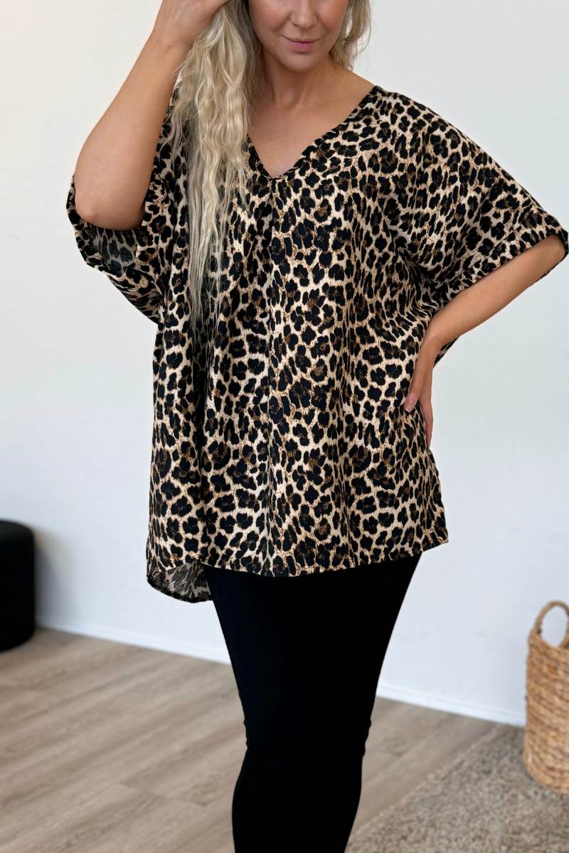 Bluse m. rygdetalje og leopard print Brun