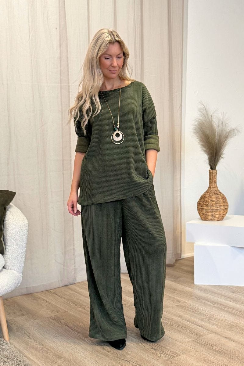 Bluse m. fløjlslook Khaki