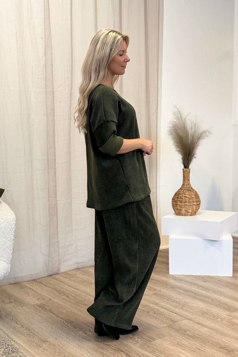 Bluse m. fløjlslook Khaki