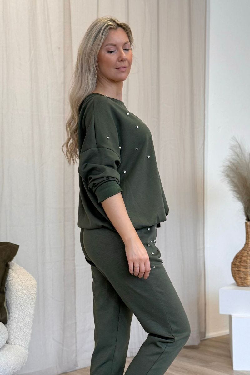 Bluse m. bindebånd og sten Khaki