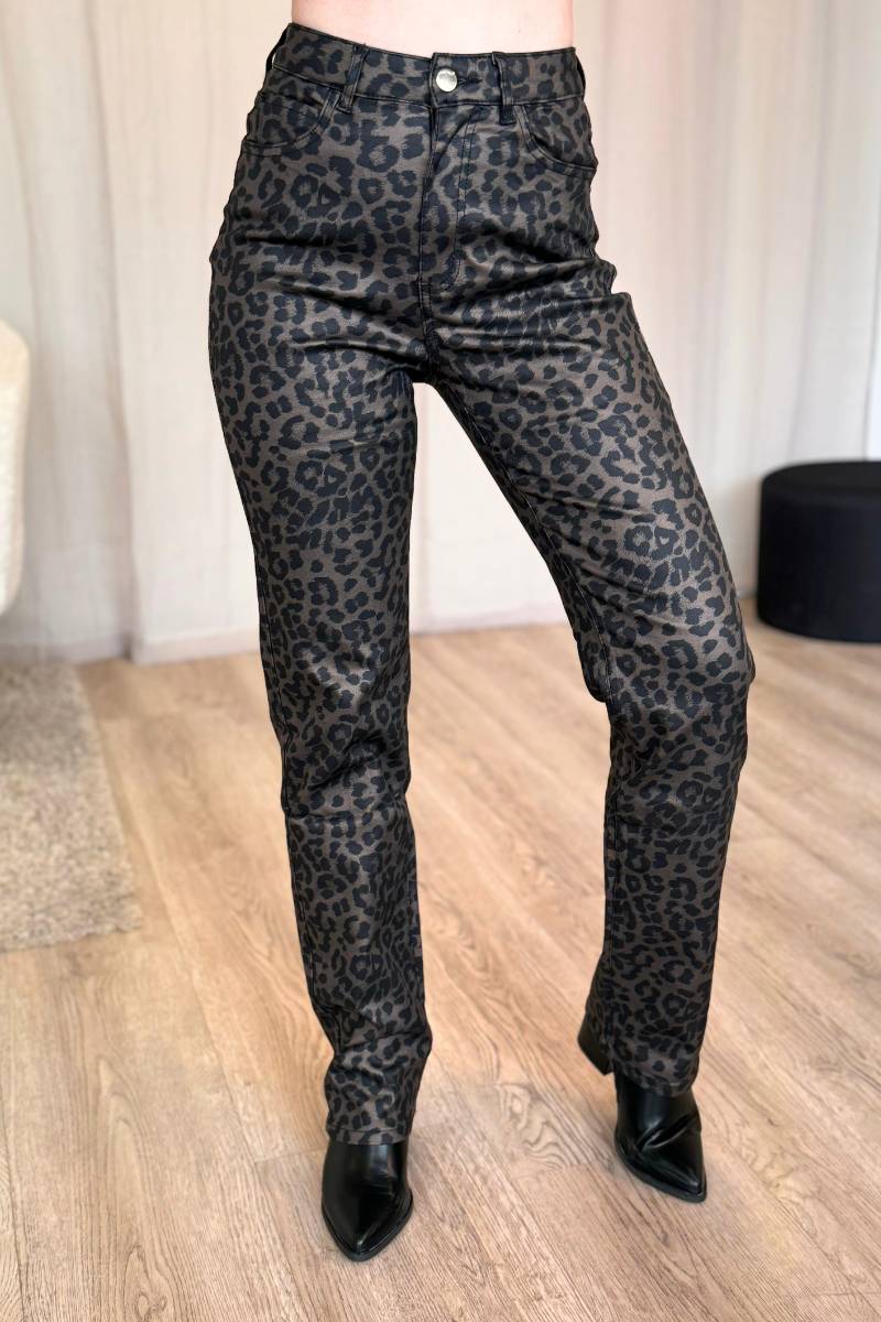 Coatede jeans m. leopardprint Brun/Sort