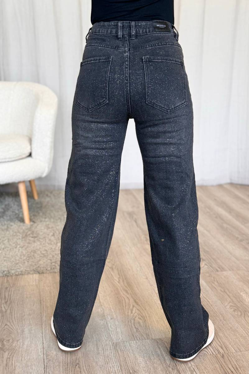 Wide leg jeans m. guldglimmer Sort