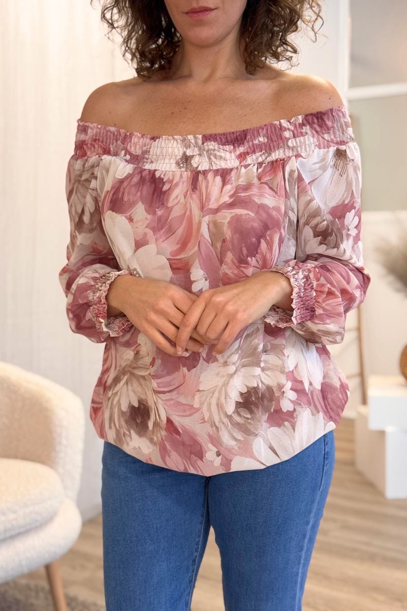 Off shoulder bluse m. blomster Pink