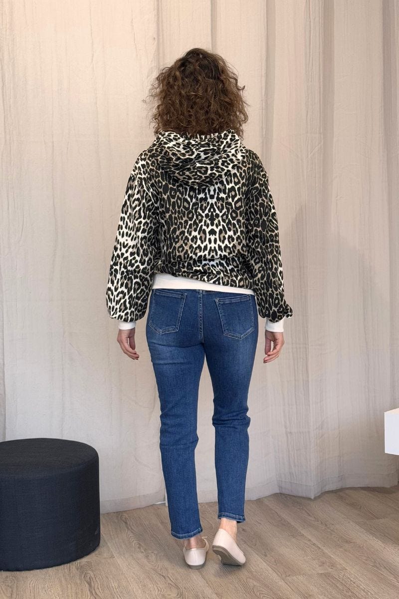 Hættetrøje m. lynlås og leopardprint