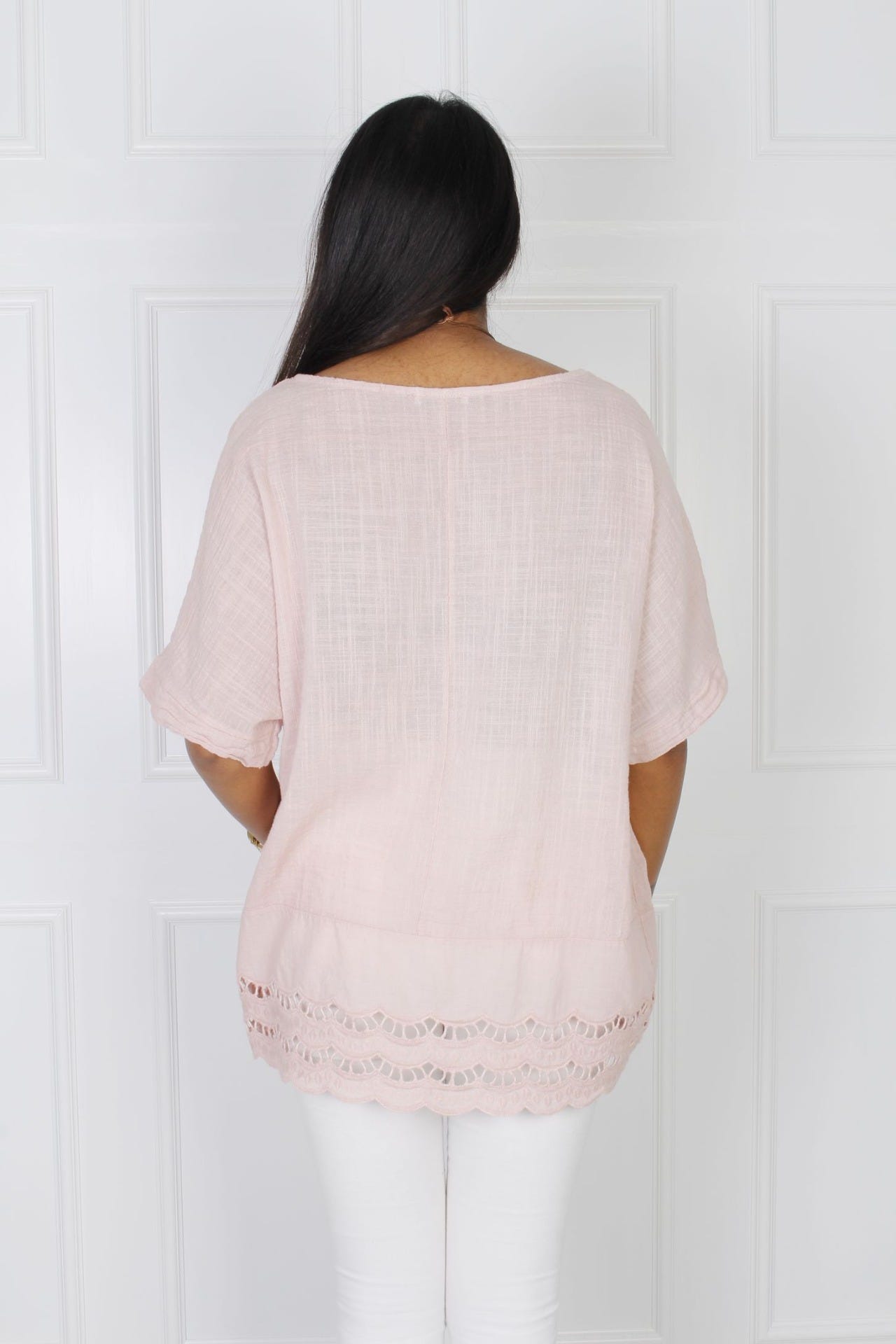 Bluse mit Spitzenbesatz, rosa