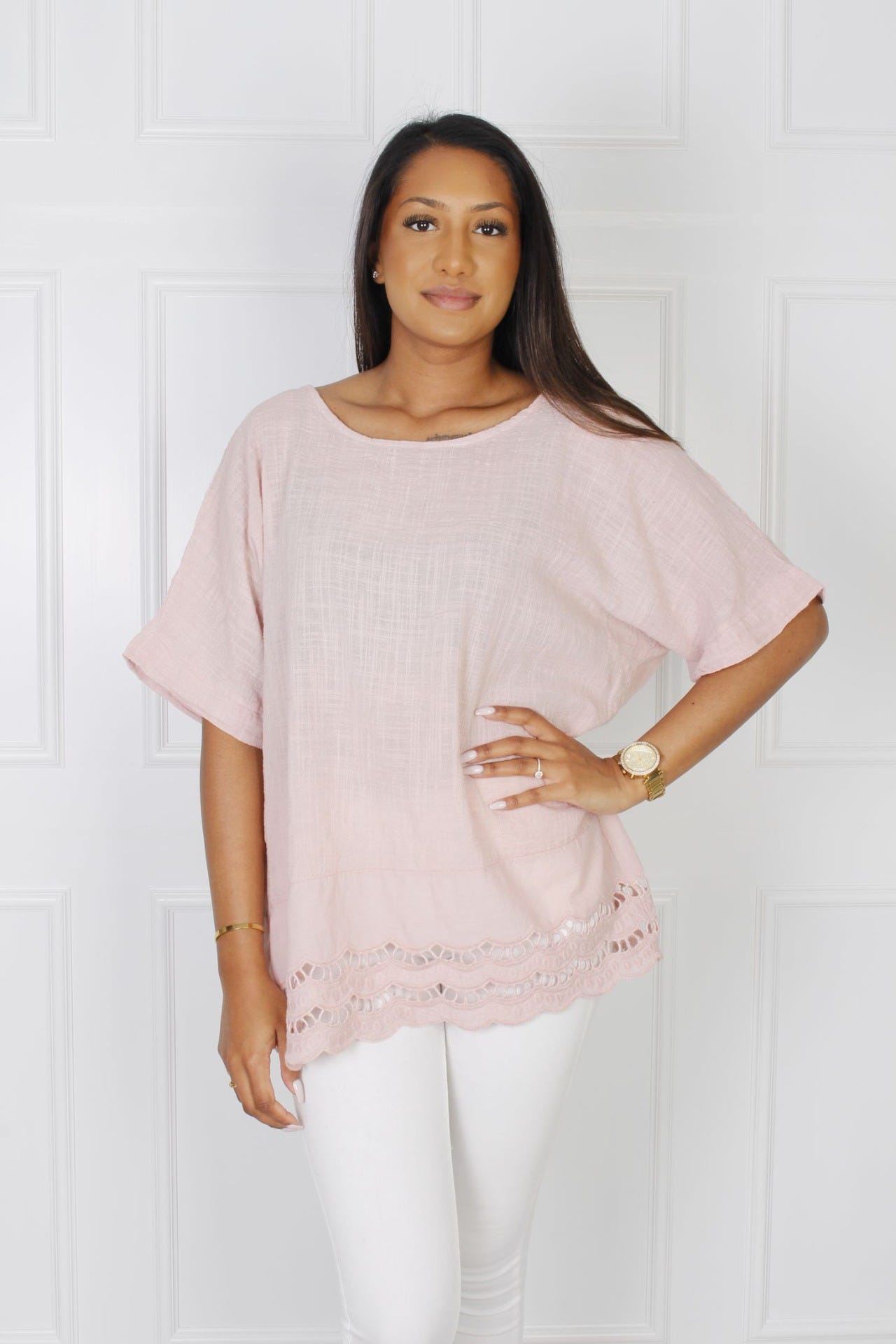 Bluse mit Spitzenbesatz, rosa