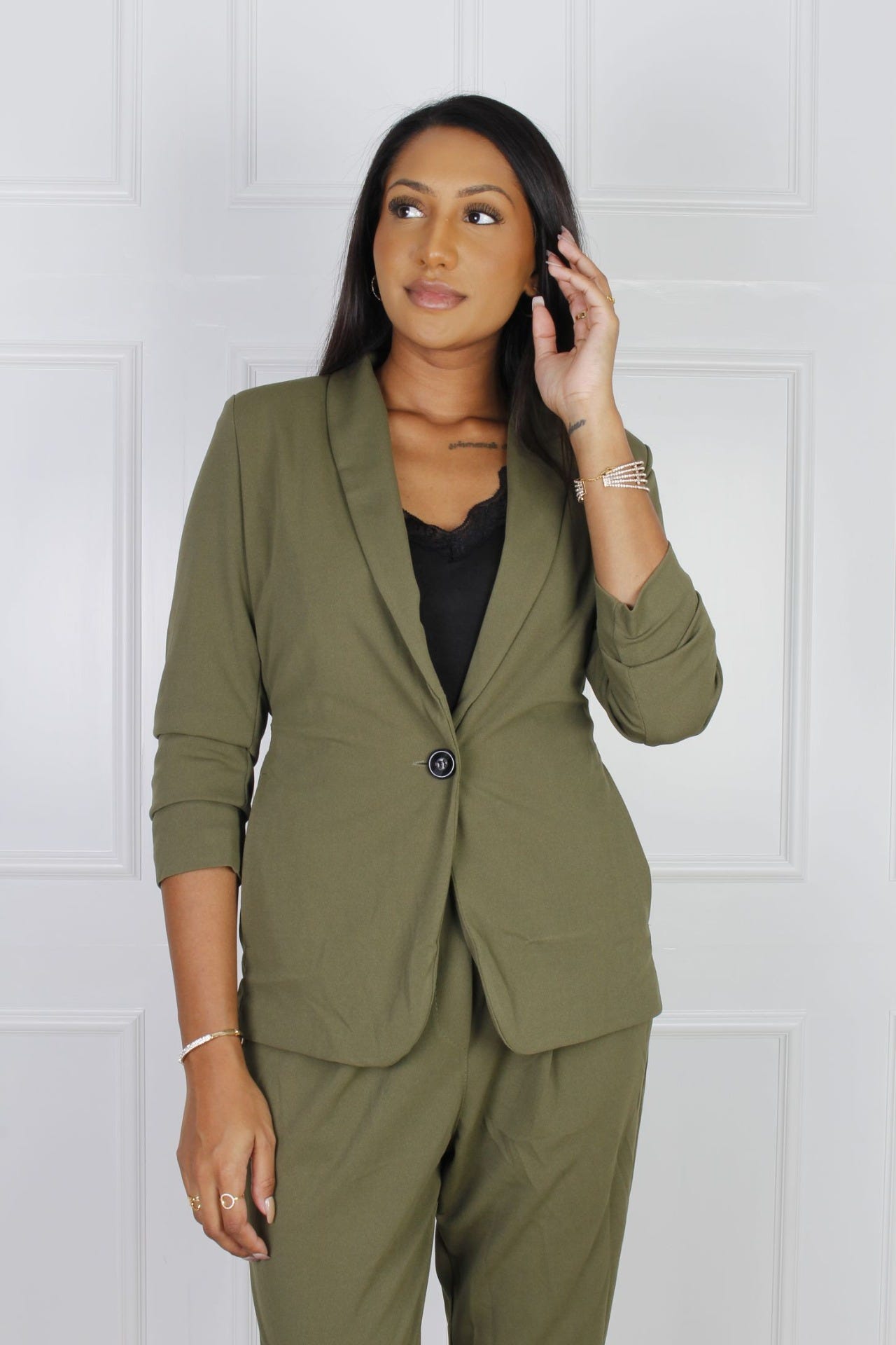 Blazer med bindebånd, khaki