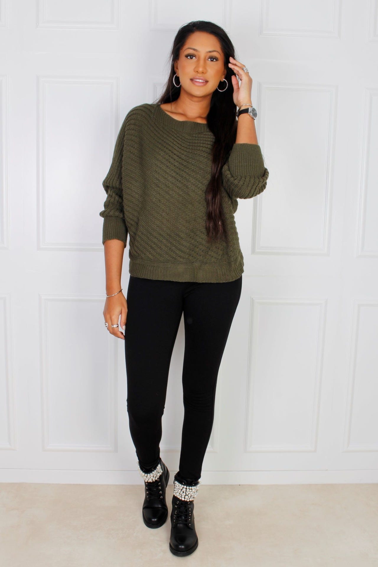 Pullover mit Zopfstrickmuster, khaki