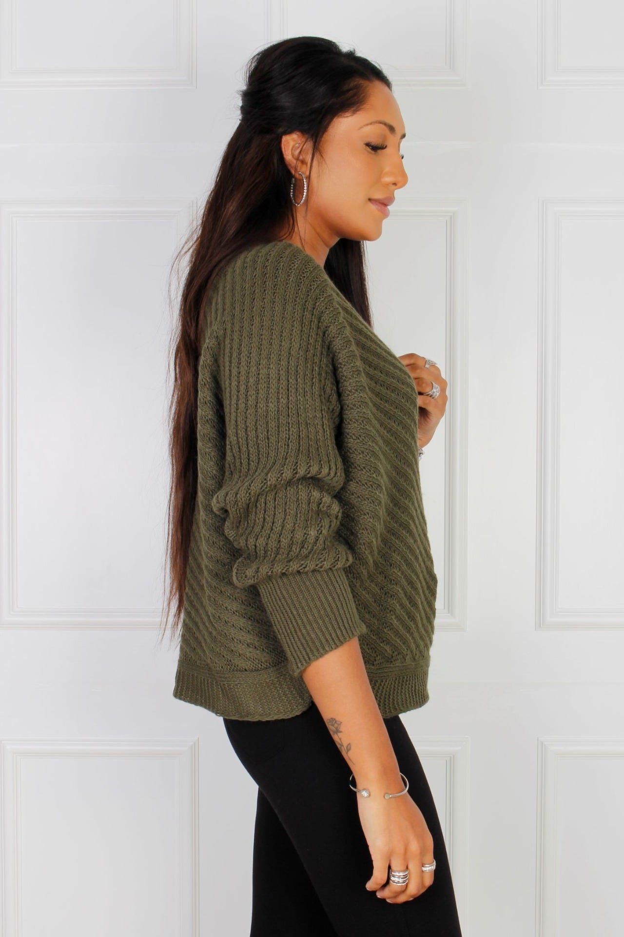 Sweater med kabelstrik, Khaki