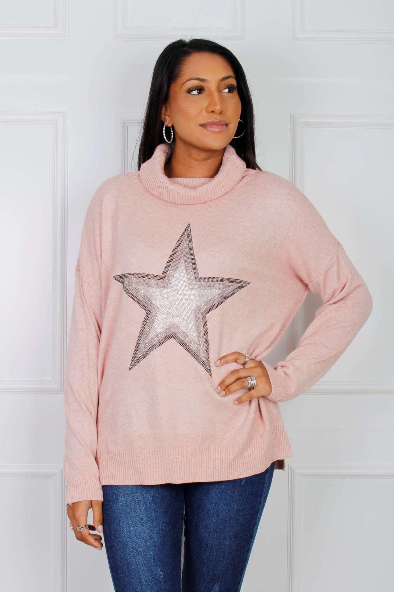 Elvira Rollkragenpullover mit Sternmotiv, rosa