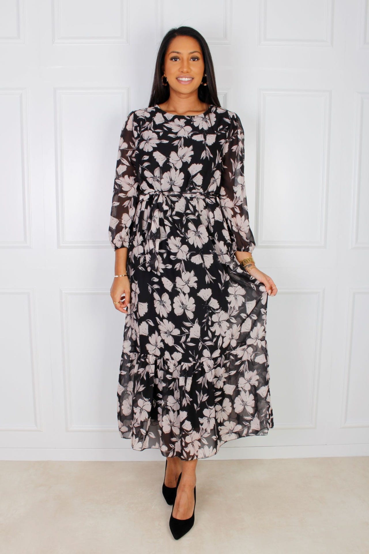 Ida Maxikleid mit Blumenprint, schwarz