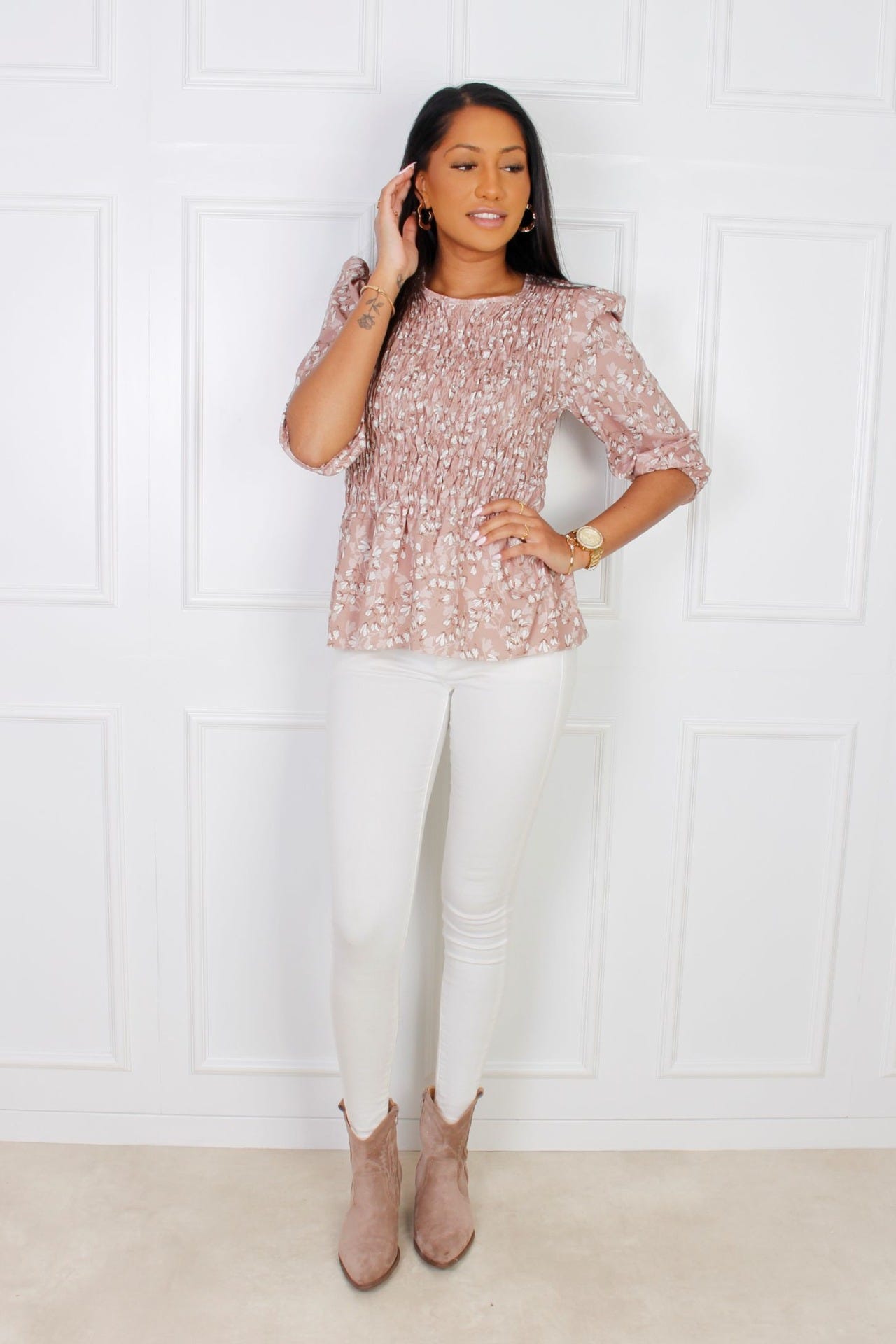 Hailey bluse, taupe m. blomsterprint