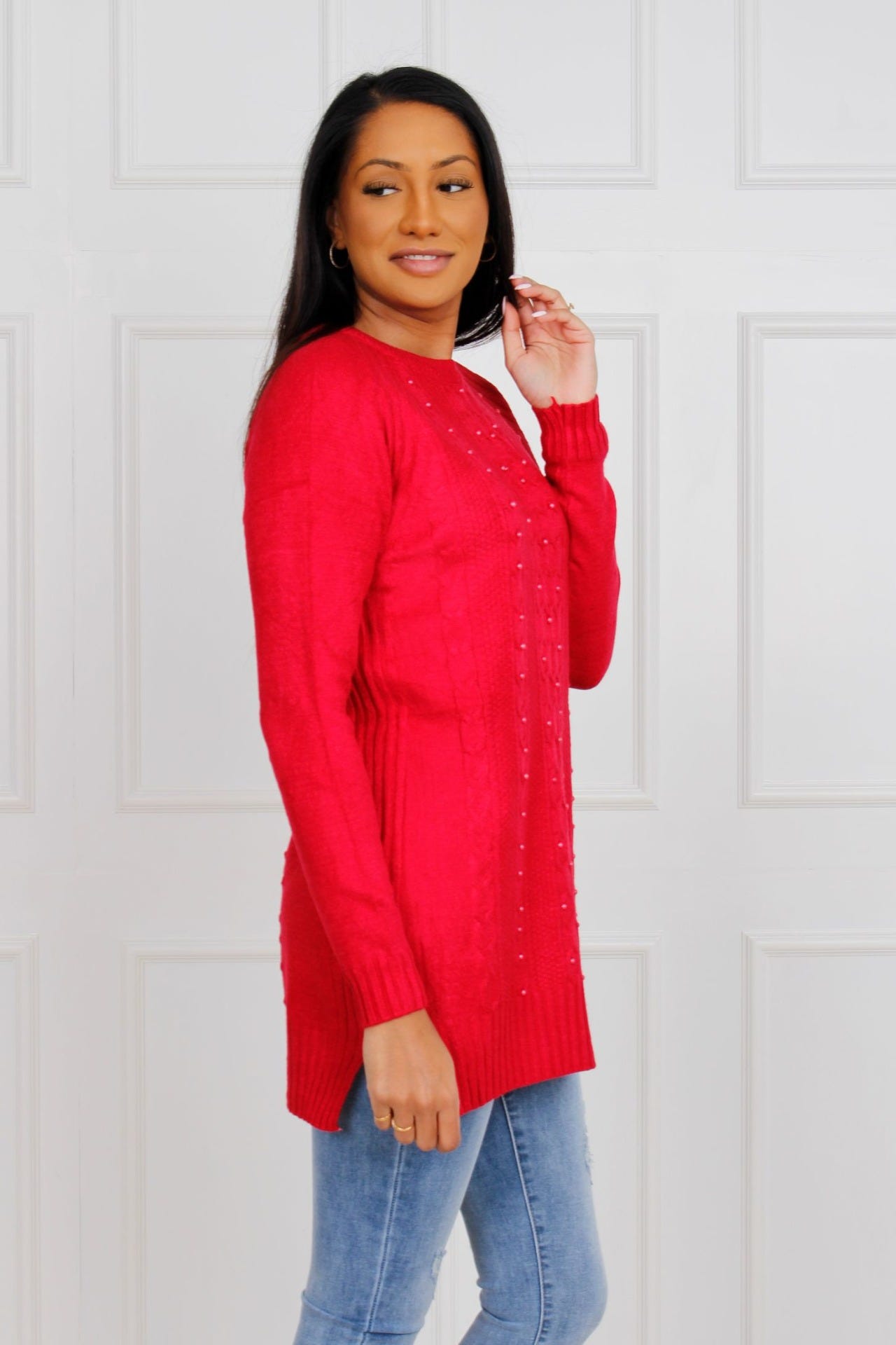 Strickpullover mit Perlen, rot