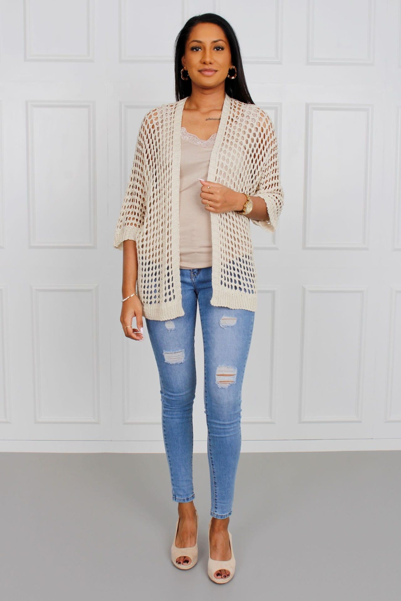 Cardigan mit Lochmuster, beige