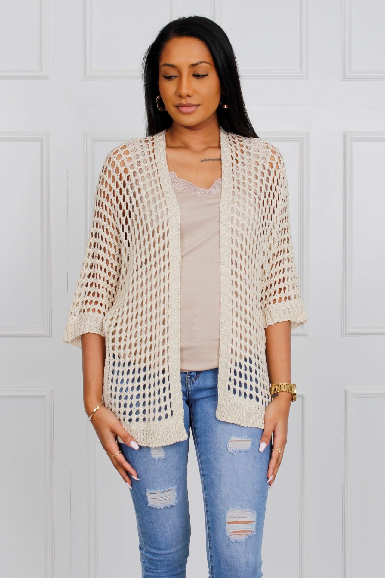 Cardigan mit Lochmuster, beige