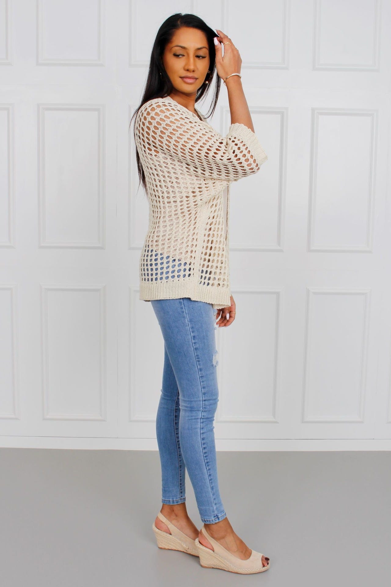 Cardigan mit Lochmuster, beige