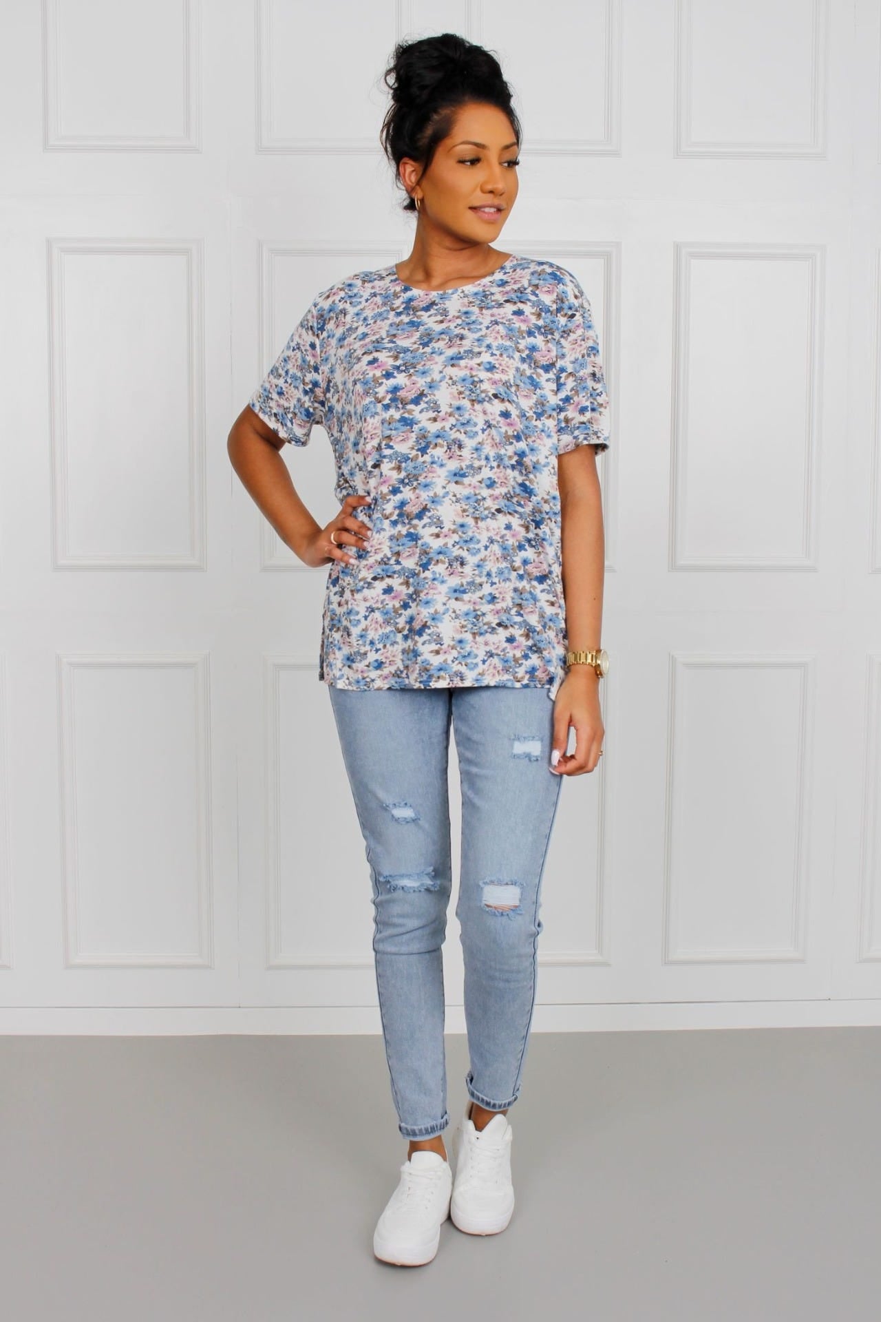 T-Shirt mit Blumenprint, blau