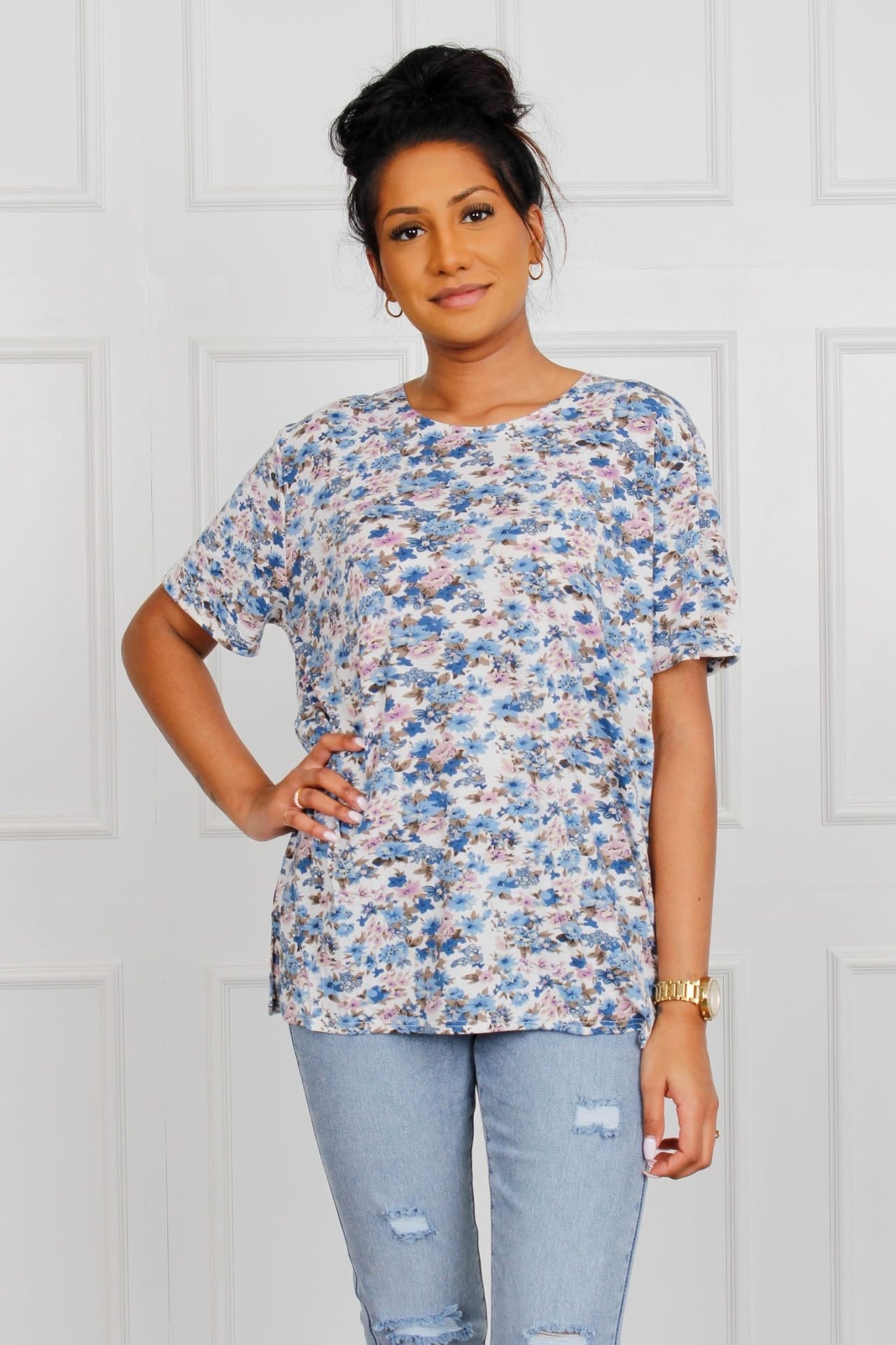 T-Shirt mit Blumenprint, blau