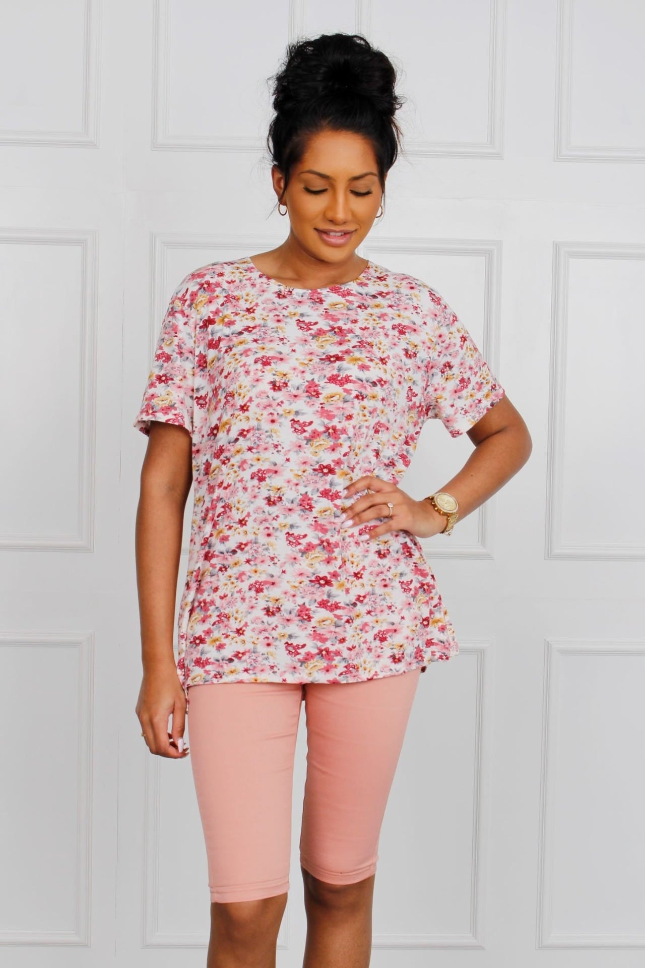 T-Shirt mit Blumenprint, rosa