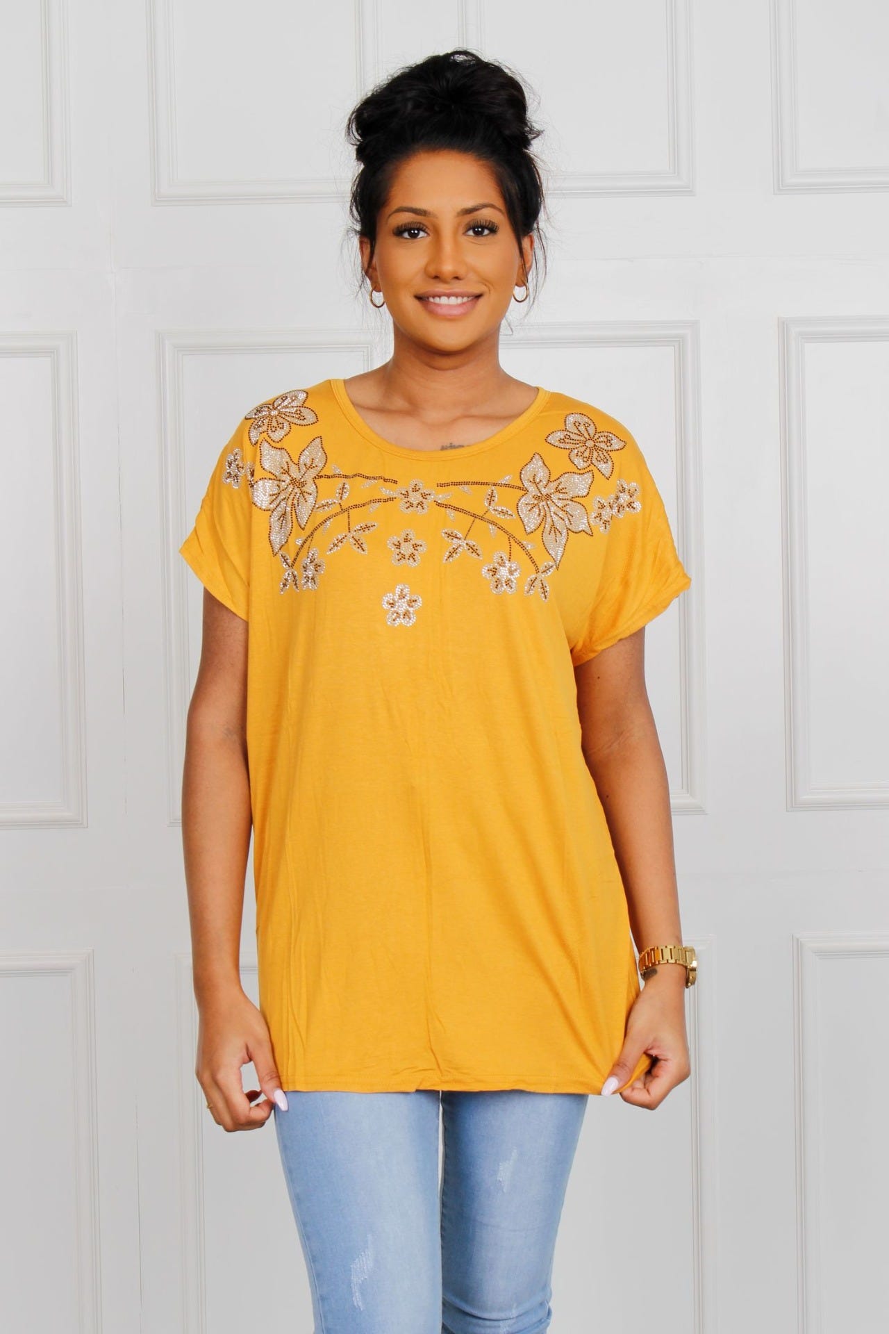 T-shirt med blomstermotiv, mustard